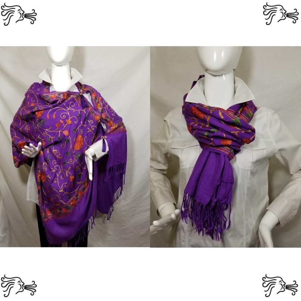 Purple Embroidered Kashmiri 100% Wool Scarf Poncho